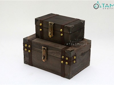 Rương gỗ viền da đinh tán nâu tặng kèm ổ khóa