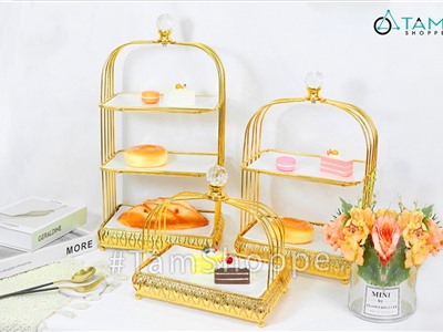 Khay đựng bánh cake stand lồng chim bằng kim loại ánh kim nhiều tầng mẫu chữ nhật CSTAND-08