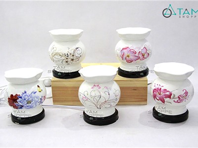 Đèn xông tinh dầu gốm trắng miệng sen [Tặng bóng đèn] DXTDD-GOM-MS