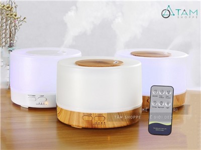 Máy khuếch tán tinh dầu trụ lùn nắp nhỏ viền vân gỗ [Có remote -Tặng tinh dầu] MKTTD-25