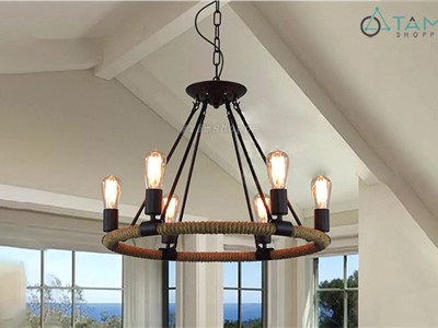 Đèn thả trần dây thừng mâm sắt tròn 8 đầu FE-ĐTTDT-01