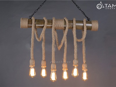 Đèn thả trần dây thừng khúc gỗ tre thòng 6 dây FE-ĐTTDT-08