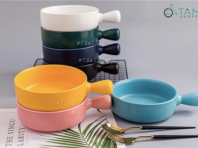 Chảo gốm sứ cao cấp tròn có tay cầm trơn màu Nordic Style