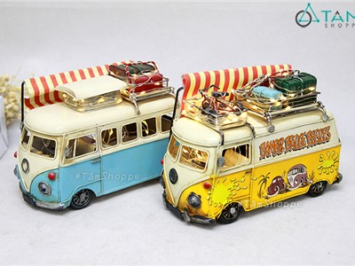 Mô hình xe bus cổ Volkswagen bằng sắt có mái che gắn đèn Led D20cm MHS-XE-05