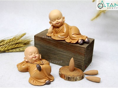Bộ 02 tượng chú tiểu nằm ngủ dài 12cm