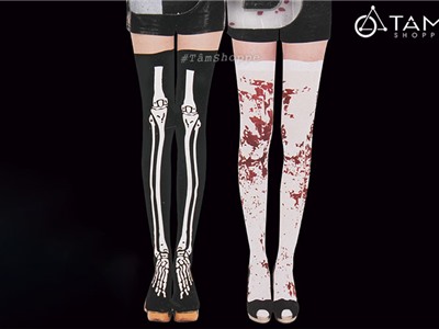 Cặp tất ống dài hóa trang Halloween hình bộ xương dính máu D60cm