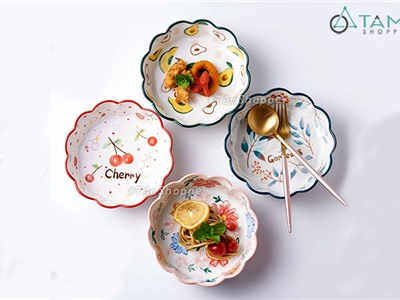 Dĩa gốm sứ cao cấp tròn vành nhún bèo vẽ họa tiết Summer Style