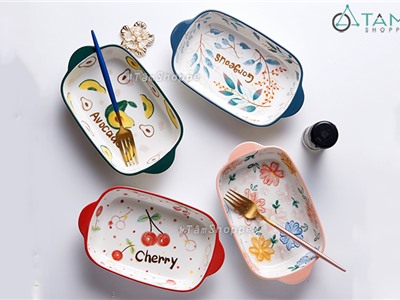 Chảo gốm sứ cao cấp chữ nhật 2 quai hông vẽ họa tiết Summer Style