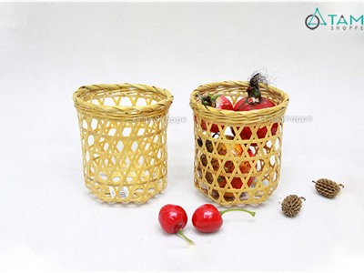 Sọt tre mini hình trụ đan mắt cáo đơn giản T-MTRN-11