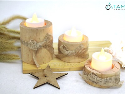 Bộ 3 chân nến thân cây thắt nơ vải bố 2-4-7cm CHN-28