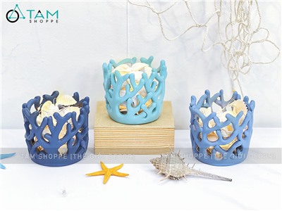 Đế nến san hô kèm đèn led và vỏ sò huyết [Sẵn pin - Led vàng ấm] DENEN-04