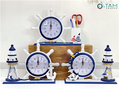  Đồng hồ bánh lái tàu để bàn kèm phụ kiện chủ đề biển [Gỗ - đa năng] DONGHO-03