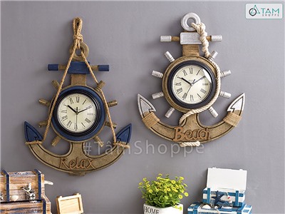 Đồng hồ treo tường mỏ neo phong cách biển tông nâu [Gỗ - tặng Pin] DONGHO-05