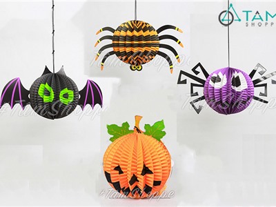 Lồng đèn Halloween thân tròn giấy xếp cỡ nhỏ nhiều kiểu HLW-LDG-09