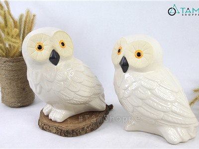 Tượng cú mèo gốm trắng cao 23cm TCV-CUMEO-02
