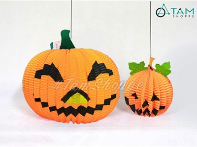 Lồng đèn giấy Halloween trái bí ngô có lá nhiều cỡ HLW-LDG-01