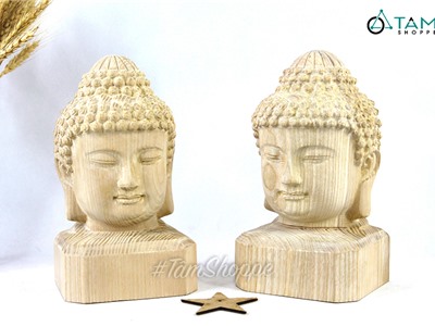Tượng đầu phật gỗ nguyên khối phù điêu màu tự nhiên cao 20cm MHDB-T.PH-02
