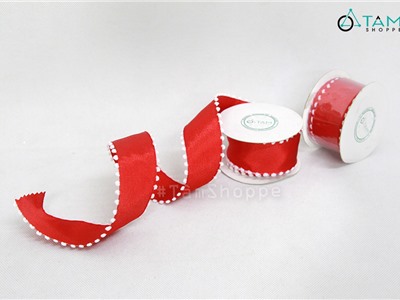 Ruy băng vải đỏ viền bông trắng bản 3.5cm dài 9.5m RB-08