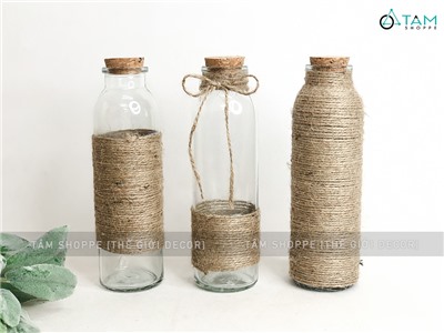 Chai thủy tinh quấn dây thừng trụ tròn cao 19cm [3 kiểu chọn - Kèm nút] CHAILO-HM-02