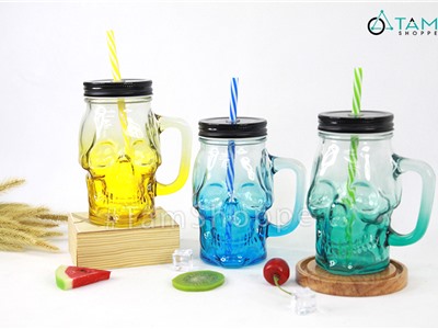 Ly thủy tinh đầu lâu có quai trong suốt nhiều màu LTT-03