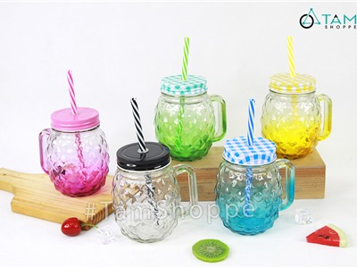 Ly thủy tinh trái thơm có quai trong suốt nhiều màu LTT-04