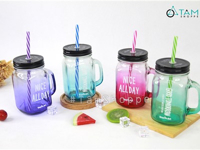 Ly thủy tinh thân vuông có quai trong suốt nhiều màu LTT-07