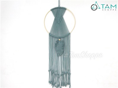 Macrame treo tường vòng tròn đan chéo 1 lá xanh lam Vintage (tặng đinh tường) MACRAME-04