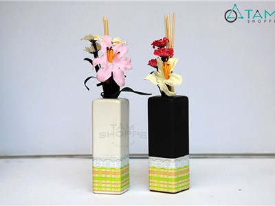 Bộ tinh dầu tự khuếch tán gốm vuông họa tiết caro 50ml