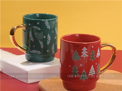 Ly gốm giáng sinh trụ tròn quai ánh kim vàng [Gốm dày - men bóng] LYTACH-04