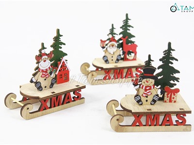 Mô hình xe trượt tuyết gỗ nhỏ lắp ráp DIY có chữ XMAS MHDB-X-08