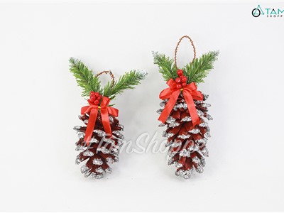 Trái thông dầu kim tuyến bạc nơ đỏ có cánh cỡ lớn QKHO-01