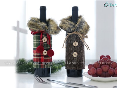 Áo vải bọc chai rượu Noel cổ lông thú caro Vintage BCHR-X-04