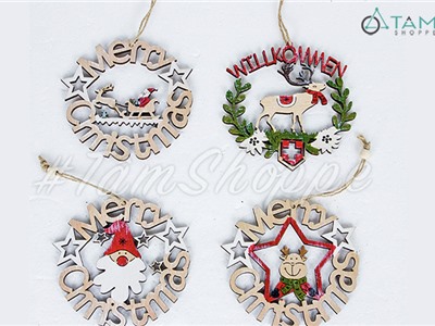 Vòng gỗ treo cửa Giáng sinh chữ viền ĐK 12cm Vintage X-VTRC-01