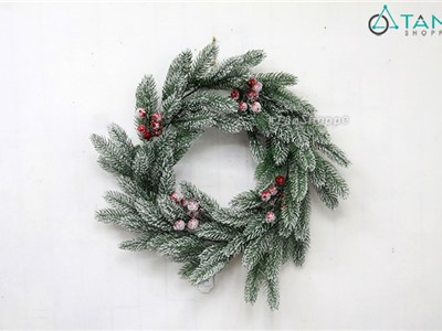 Vòng nguyệt quế lá chiếc phủ tuyết trái đỏ đơn giản ĐK60cm X-VNGQ-20