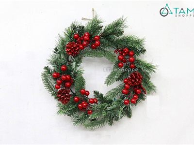 Vòng nguyệt quế có lá PE thông đỏ trái đỏ ĐK50-60cm X-VNGQ-21