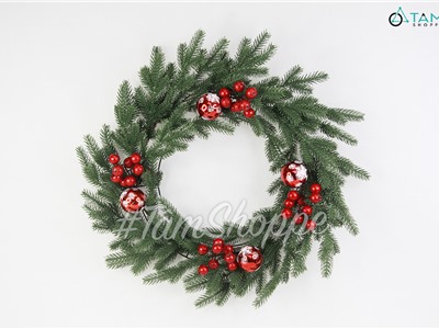  Vòng nguyệt quế lá PE 5 nhánh gắn châu trái đỏ ĐK60cm X-VNGQ-25