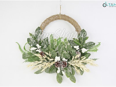 Vòng nguyệt quế vải bố lá rừng yến mạch phủ kim tuyến ĐK35cm X-VNGQ-27