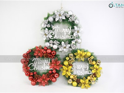 Vòng nguyệt quế Noel 4 hoa trạng nguyên kim tuyến ĐK45cm VNGQ-X-34