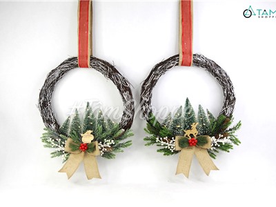 Vòng nguyệt quế Noel rừng 5 thông cước nơ vải bố ĐK40cm (Có đèn Led) VNGQ-X-31