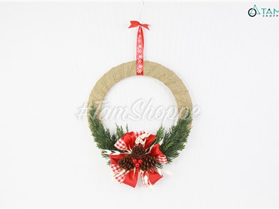 Vòng nguyệt quế Noel vải bố nơ đỏ lớn thông lá kim ĐK30cm X-VNGQ-30