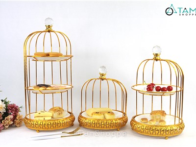 Khay đựng bánh cake stand lồng chim bằng kim loại ánh kim nhiều tầng mẫu tròn CSTAND-07
