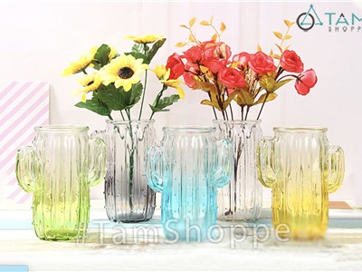 Lọ hoa thủy tinh trong suốt xương rồng nhiều màu LHTT-60