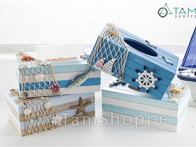 Hộp đựng khăn giấy bằng gỗ phong cách biển HKHG-09