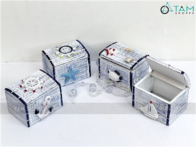 Hộp gỗ mini 2 sọc xanh chủ đề biển [Chà tróc - 4 kiểu chọn] HOP-GO-03