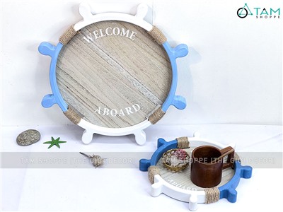 Khay gỗ hình bánh lái tàu chủ đề biển [Có khoen treo tường - 2 cỡ] KHAY-GO-03