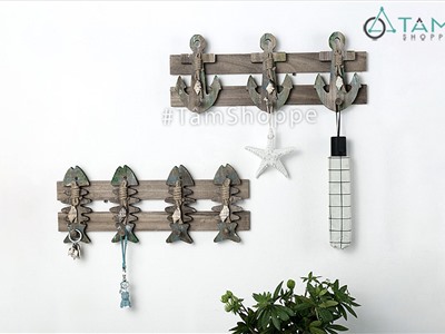 Móc treo quần áo hình mỏ neo xương cá bằng gỗ phong cách biển MTĐ-14