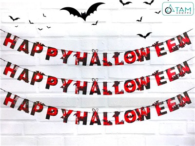Dây banner giấy chữ Happy Halloween đỏ đen dao máu BANER-HLW-06