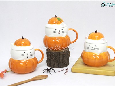 Ly gốm Halloween mèo bí ngô biểu cảm nắp rời LGOM-03
