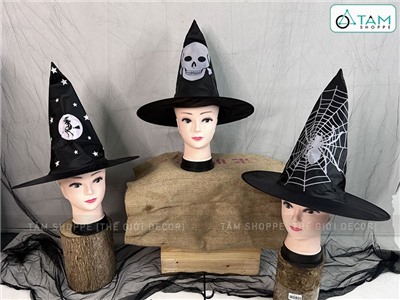  Nón phù thủy đen in họa tiết trắng nhiều kiểu NONPHUTHUY-01