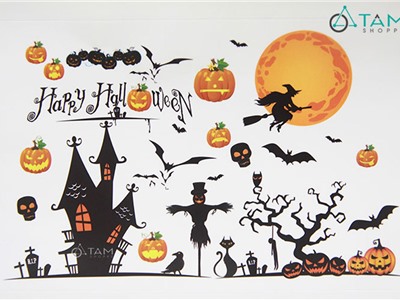 Set Decal Halloween chủ đề Phù thủy đêm trăng khổ 1.4x0.9m DECAL-HLW1409-02